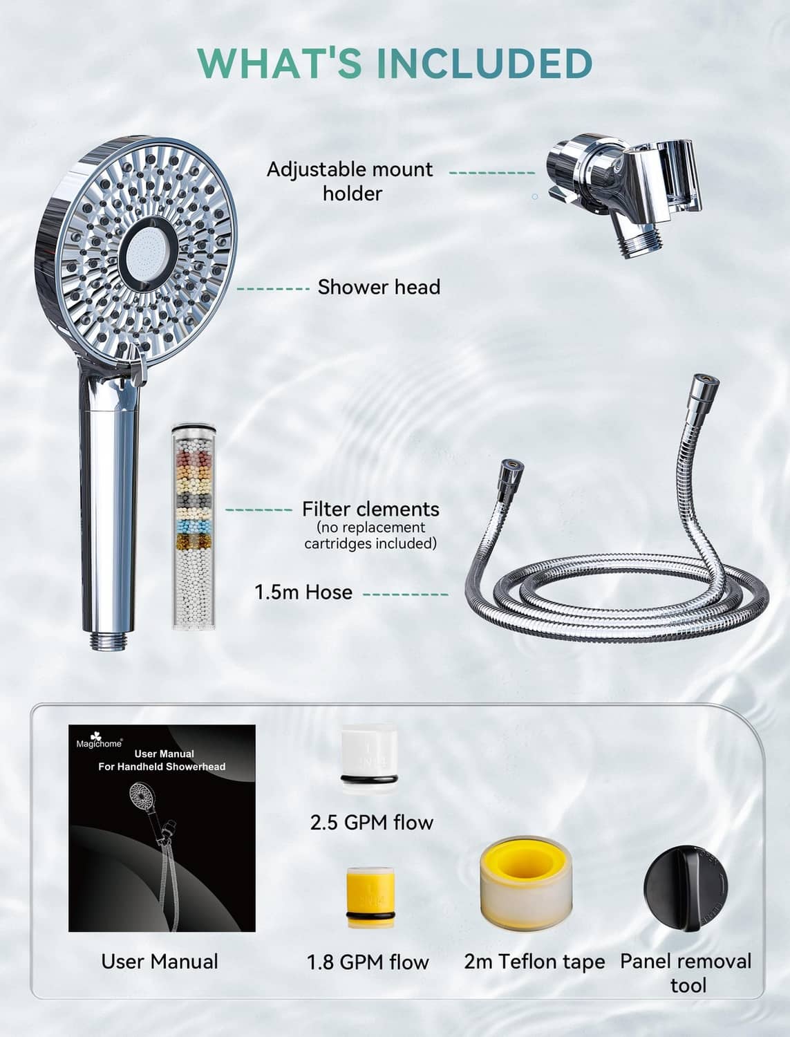 Shower head kit with filter elements, handheld sprayer, adjustable holder, and 1.5m hose