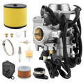 Carburetor kit with air filter, spark plug, and intake parts, silver and black