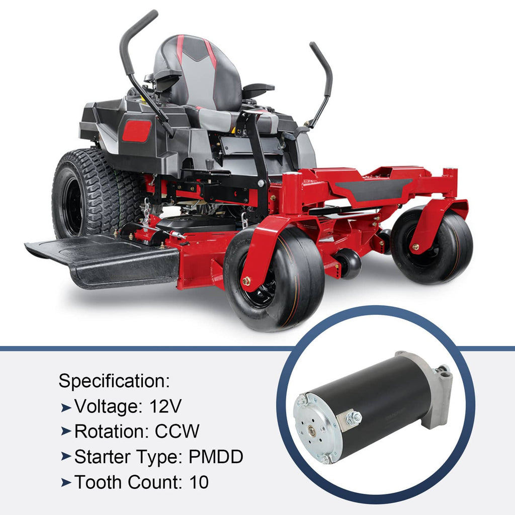 Starter motor for mower, black cylinder with silver drive end and mounting lugs