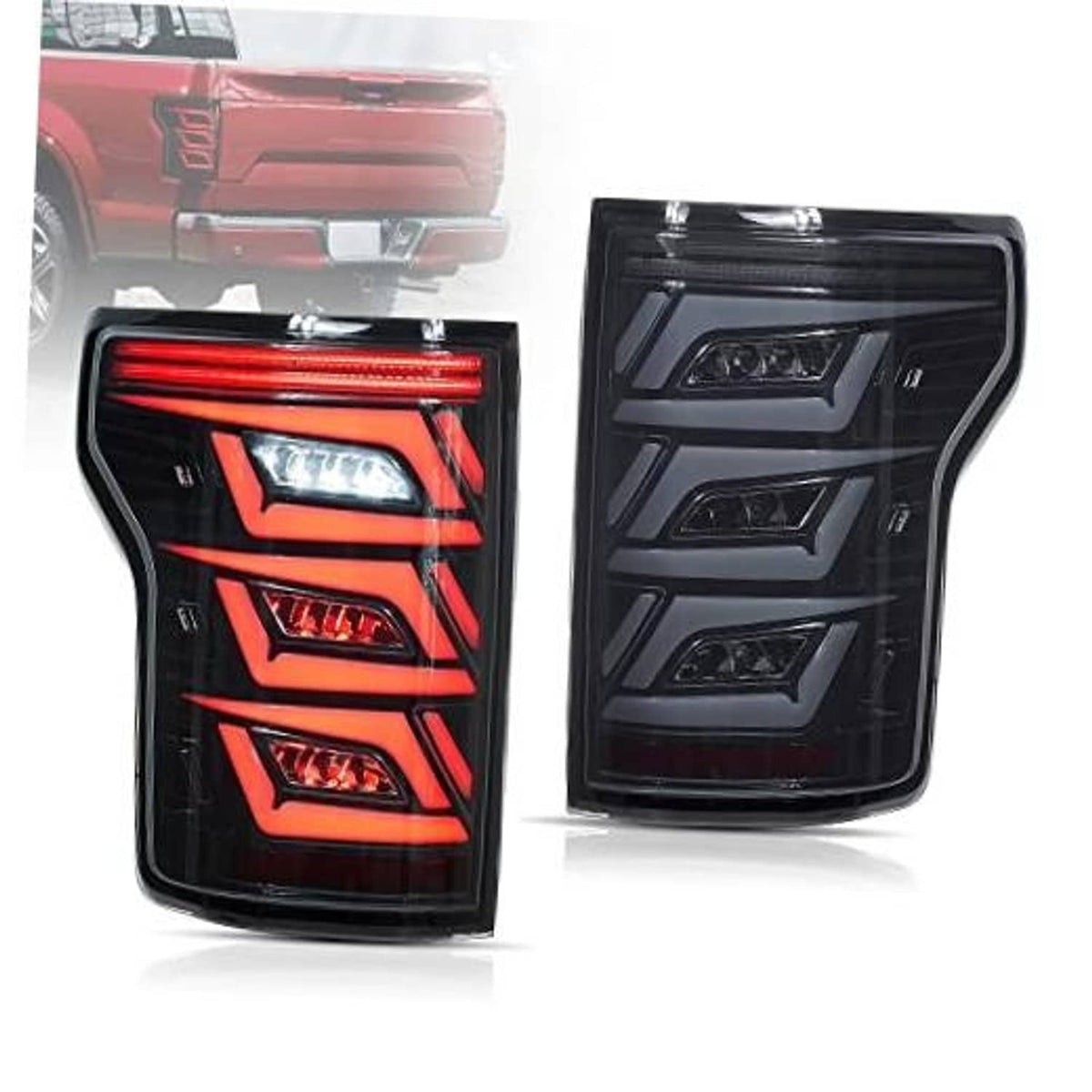 Smoked LED tail light set with red illuminated bars and clear lenses, black housing