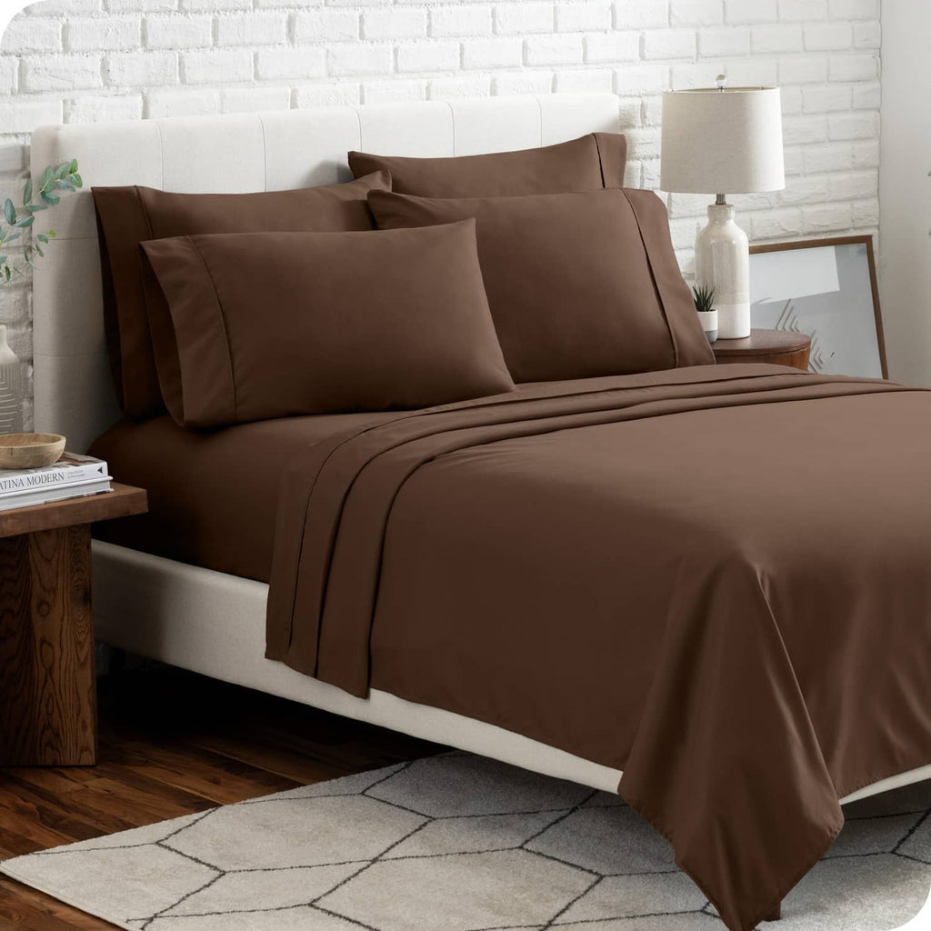 Cocoa brown queen bed sheet set with two pillowcases and smooth layered bed sheets