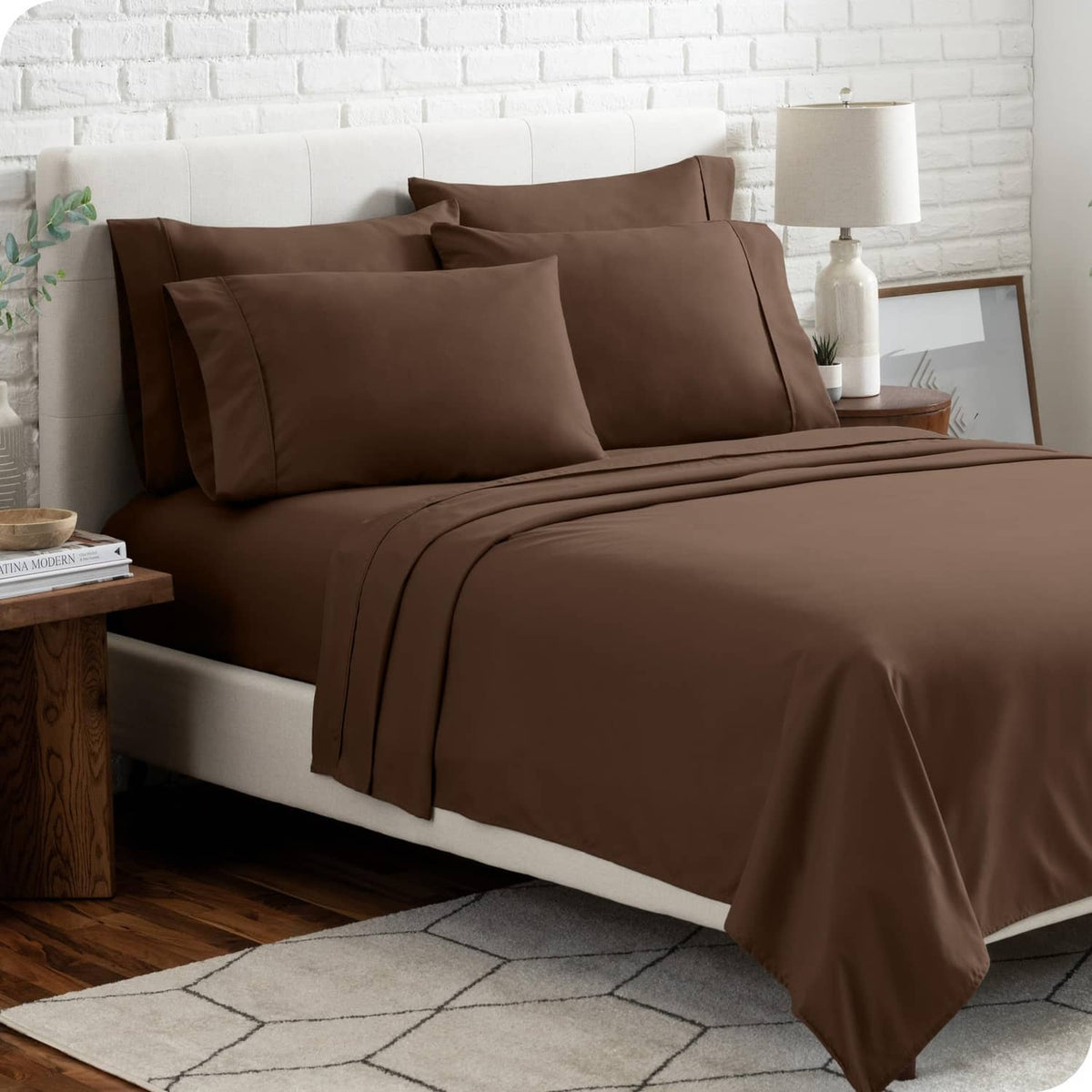 Cocoa brown queen bed sheet set with two pillowcases and smooth layered bed sheets