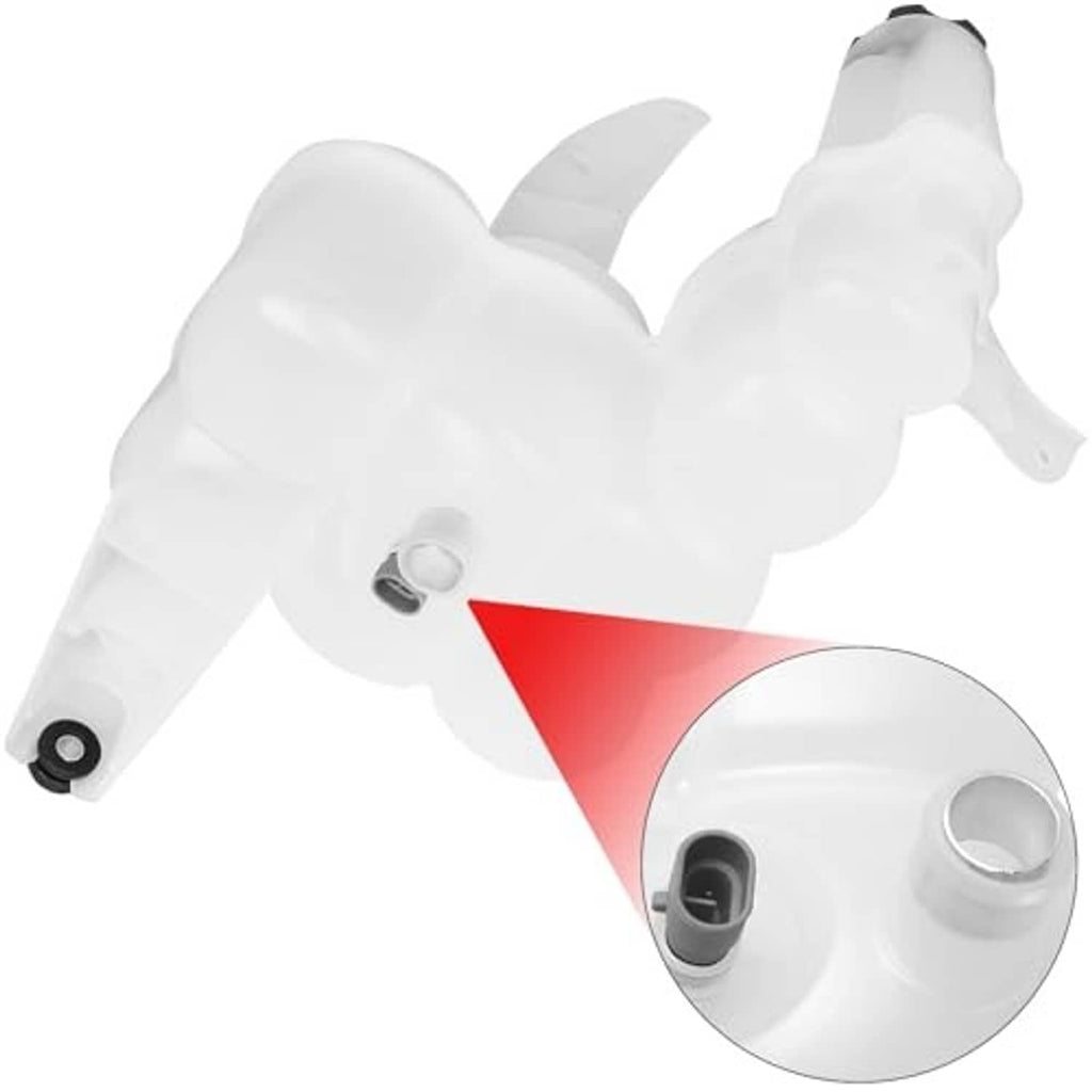 White coolant reservoir tank with black cap; close-up shows sensor connector
