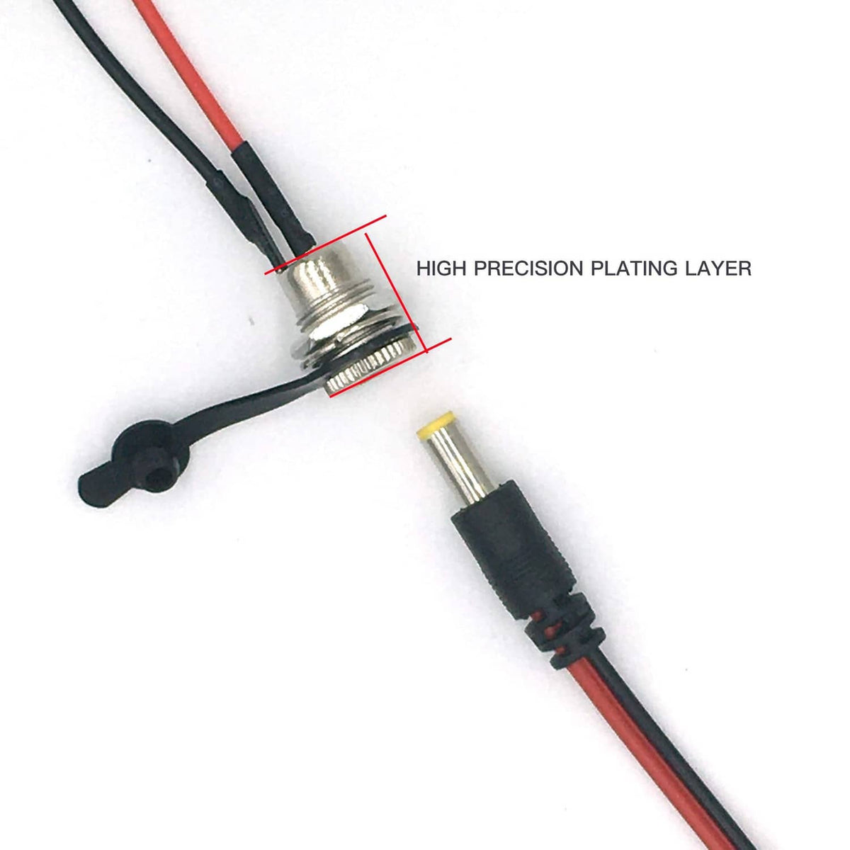 DC power jack socket with threaded housing and red/black wires with strain relief