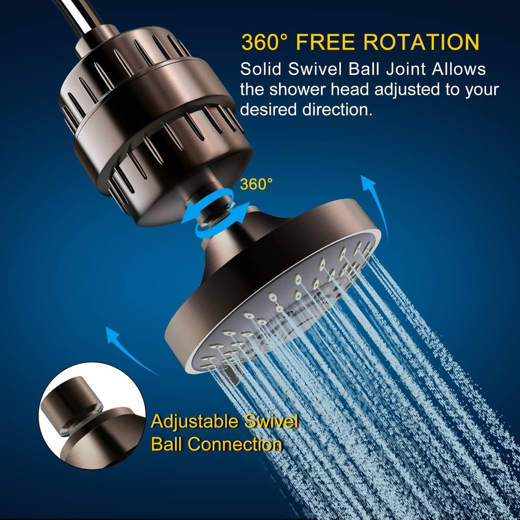Oil-rubbed bronze shower head with 360° swivel ball joint and rainfall spray