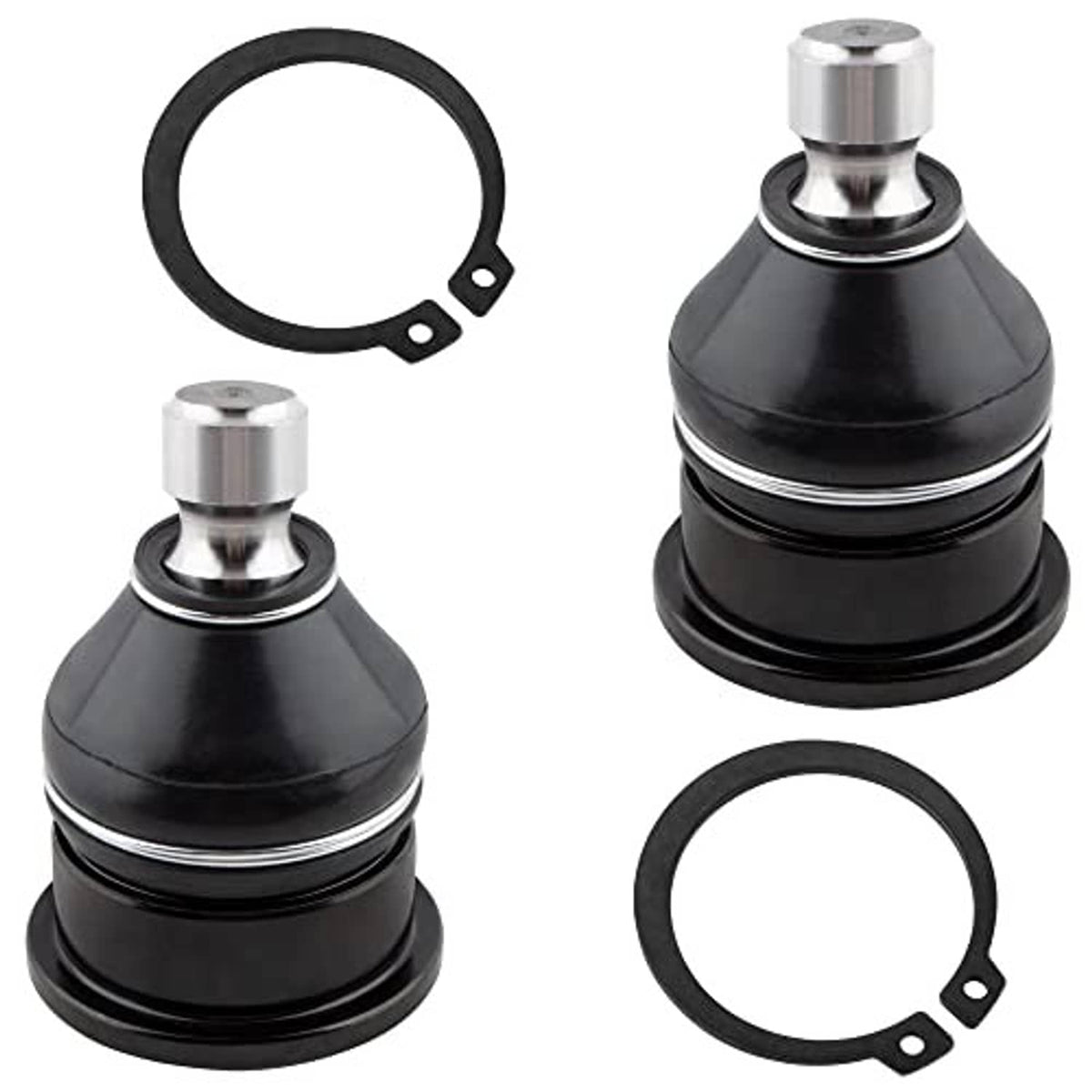 Front upper ball joint pair with black boots, silver ball studs, and rubber seal rings