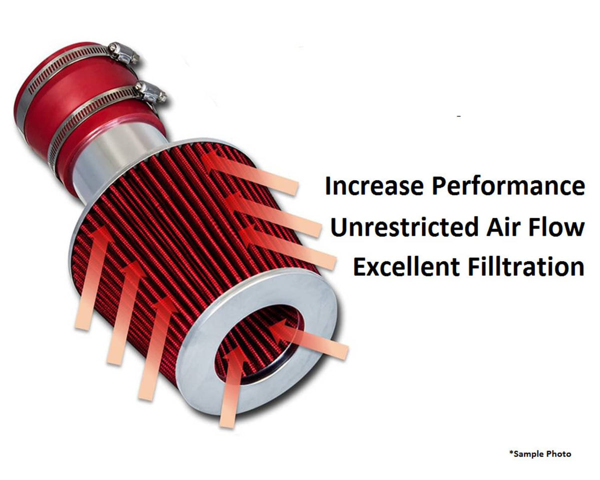 Cold air intake filter and heat shield with red pleated element, close-up with airflow graphics