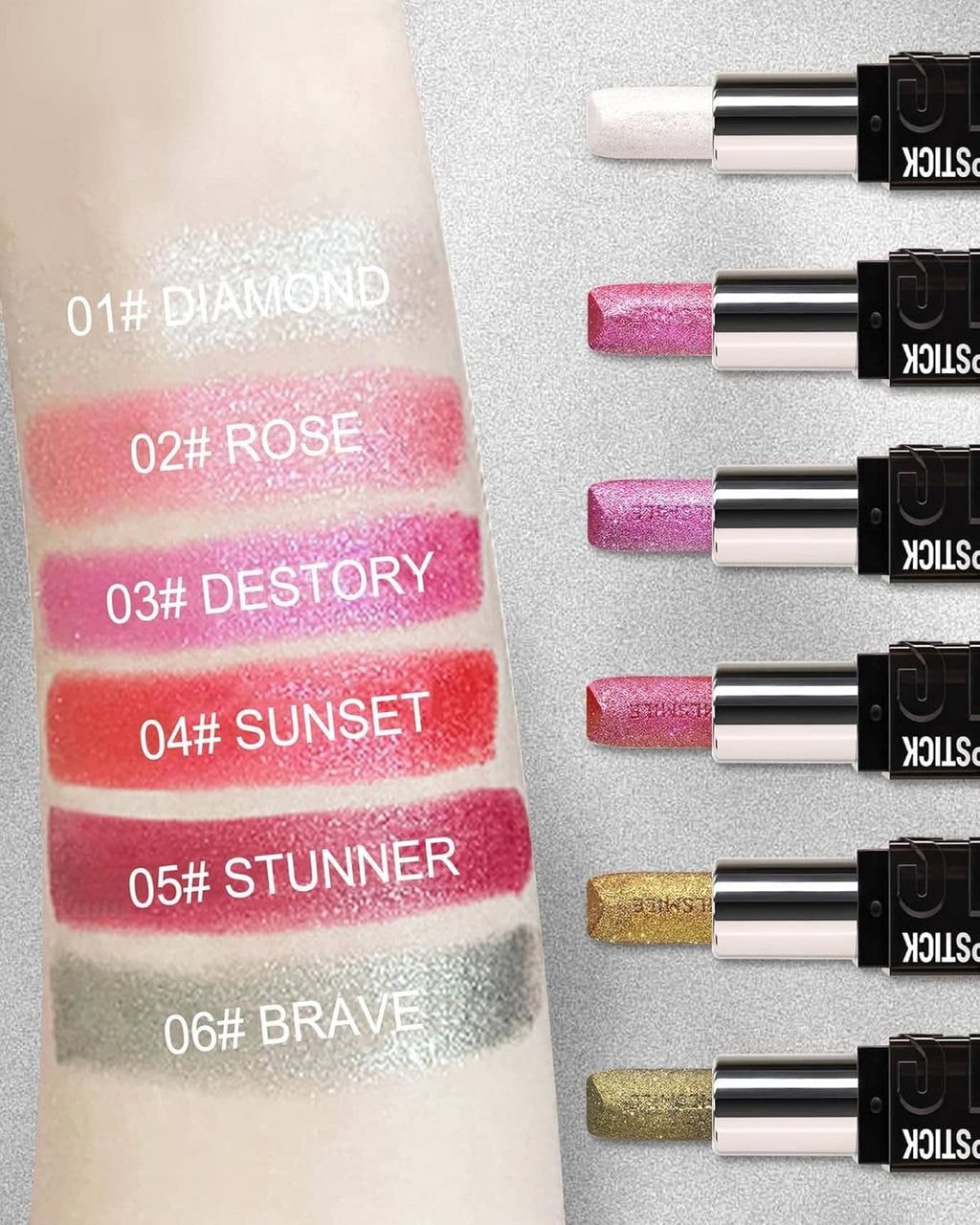 Glitter lipstick shade swatches on skin with rose pink, gold, and purple tones