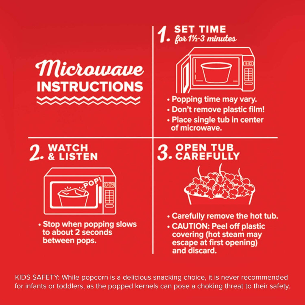 Microwave popcorn tub instructions: set time 1½ minutes, watch and open carefully