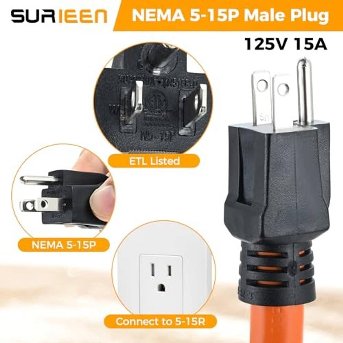 Black male plug connector with two-prong face on an orange adapter cord