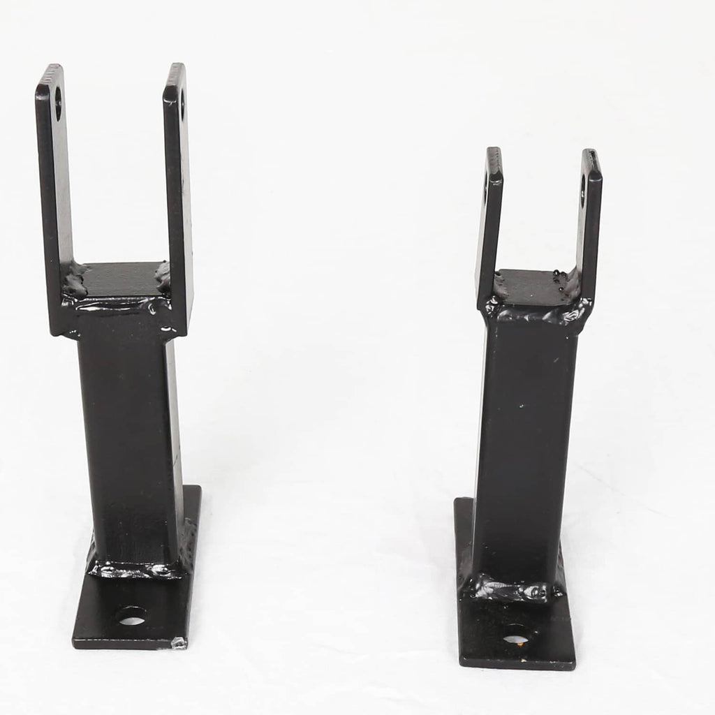 Two black powder-coated steel rack holder brackets on flat base plates with mounting holes