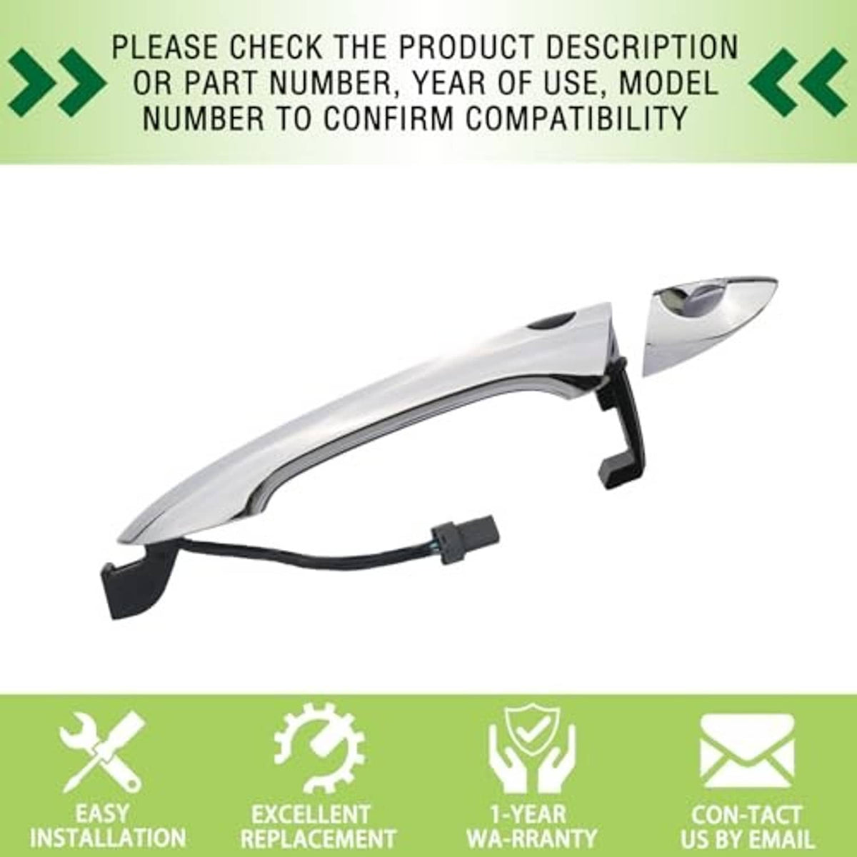 Chrome door handle with keyhole and black wiring, angled view