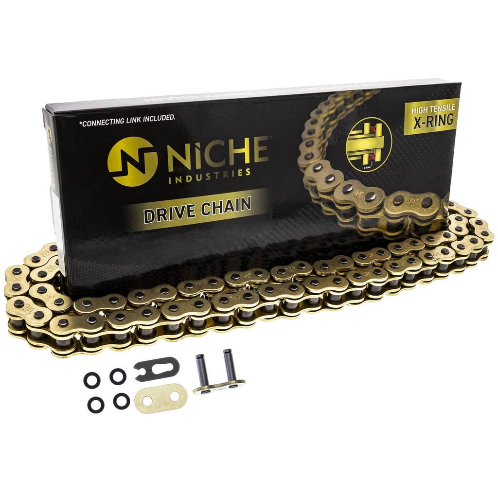 Gold X-ring drive chain package showing chain and included connecting hardware