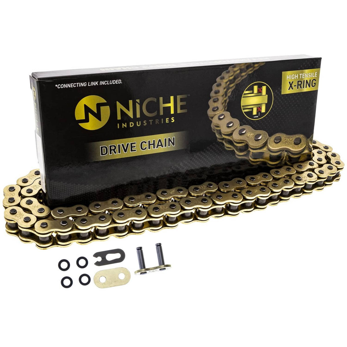 Gold X-ring drive chain package showing chain and included connecting hardware