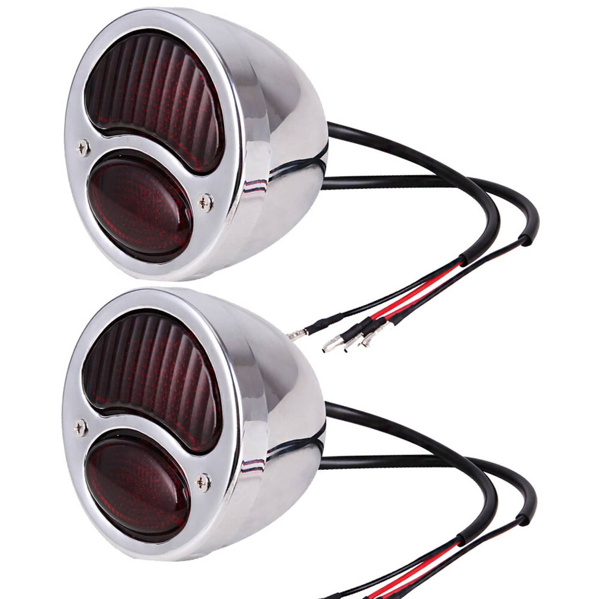 Pair of chrome round tail lights with black lenses and black wire harness