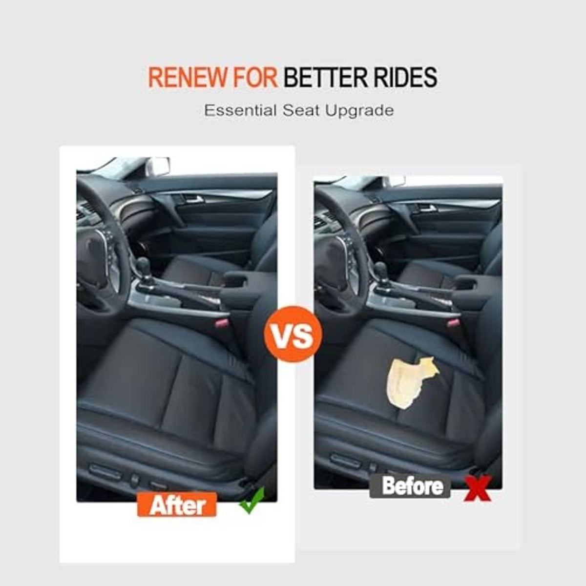 Black leather seat cover installed on front seat cushion, shown with seams