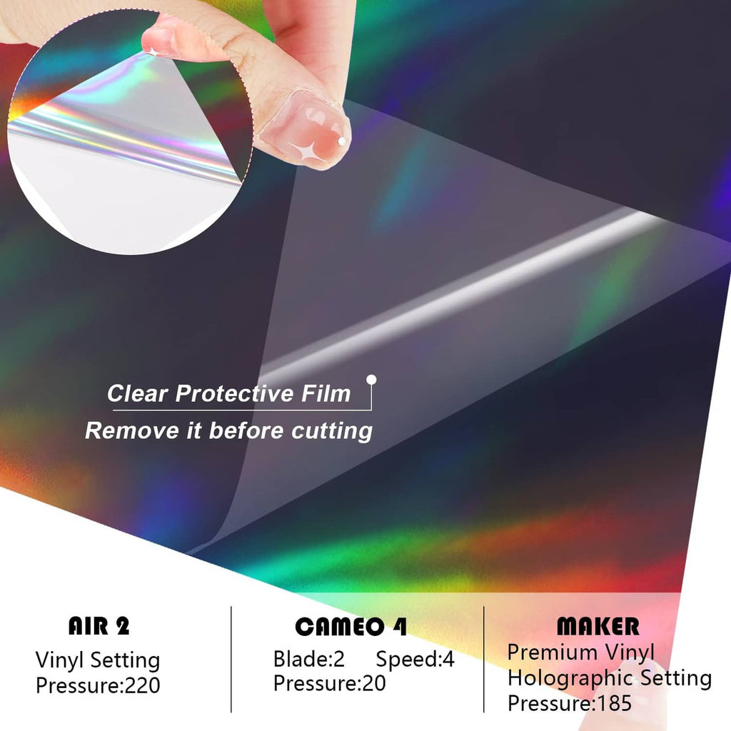 Holographic vinyl roll with clear protective film, glossy black surface with rainbow light