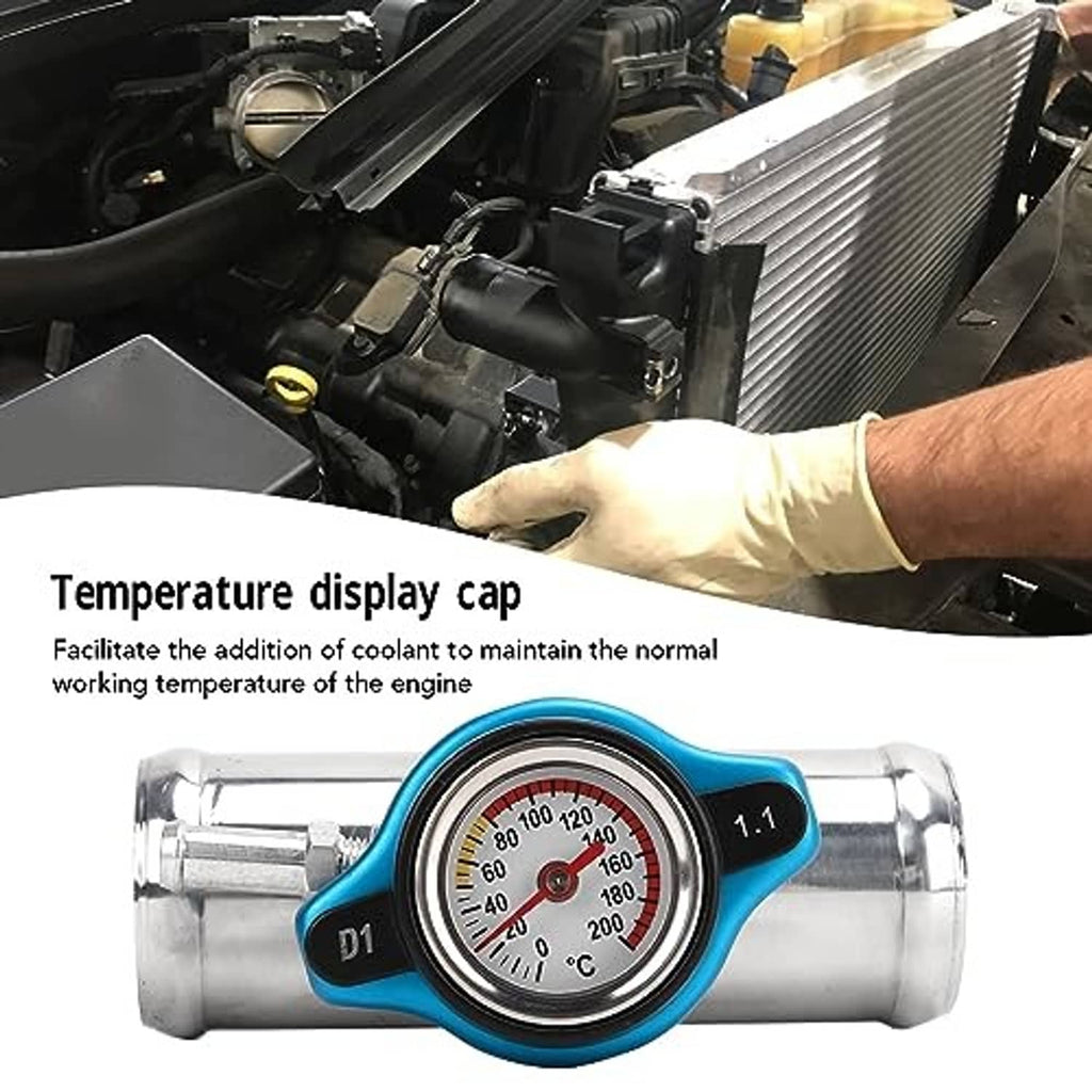 Radiator coolant filler with temperature display dial; gloved hand points to blue cap