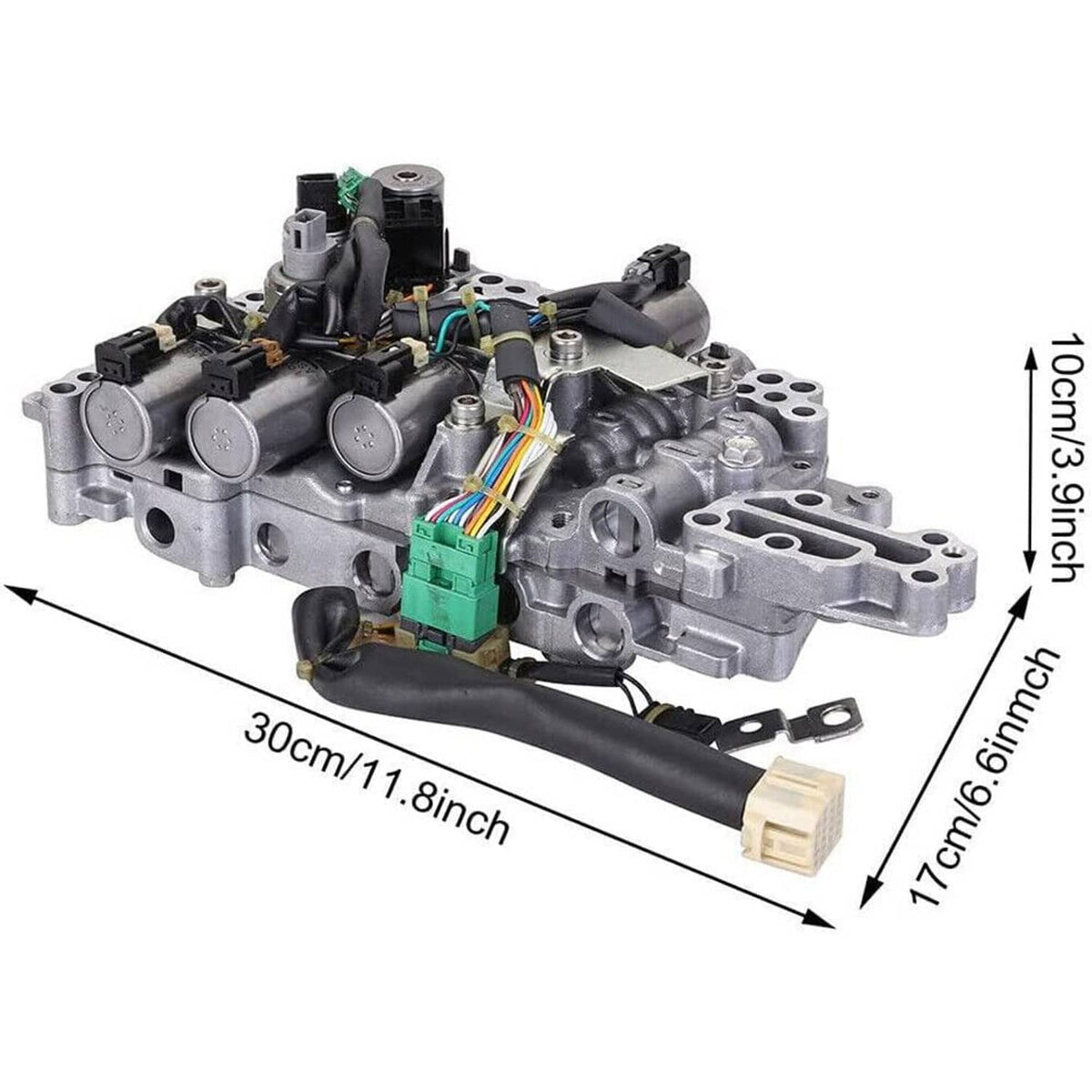 CVT transmission control valve body with solenoids, top view with multiple solenoid ports