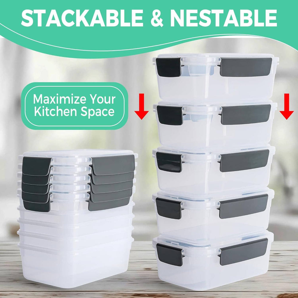 Stackable nestable clear plastic food containers with black latch lids, stacked