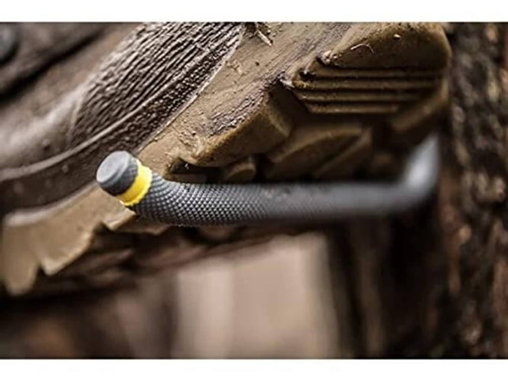 Close-up of textured tree step handle with knurling grip and yellow screw tip