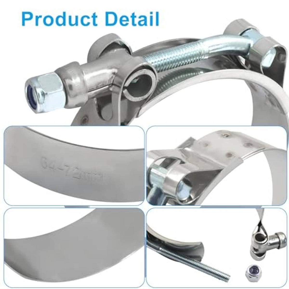 Stainless steel T-bolt hose clamp close-up with band, screw housing, and fittings