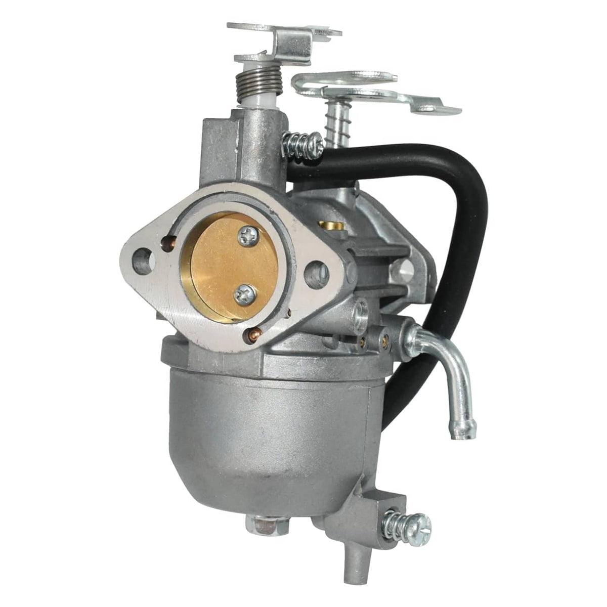 Carburetor assembly with brass throttle plate, black hose, and silver metal housing