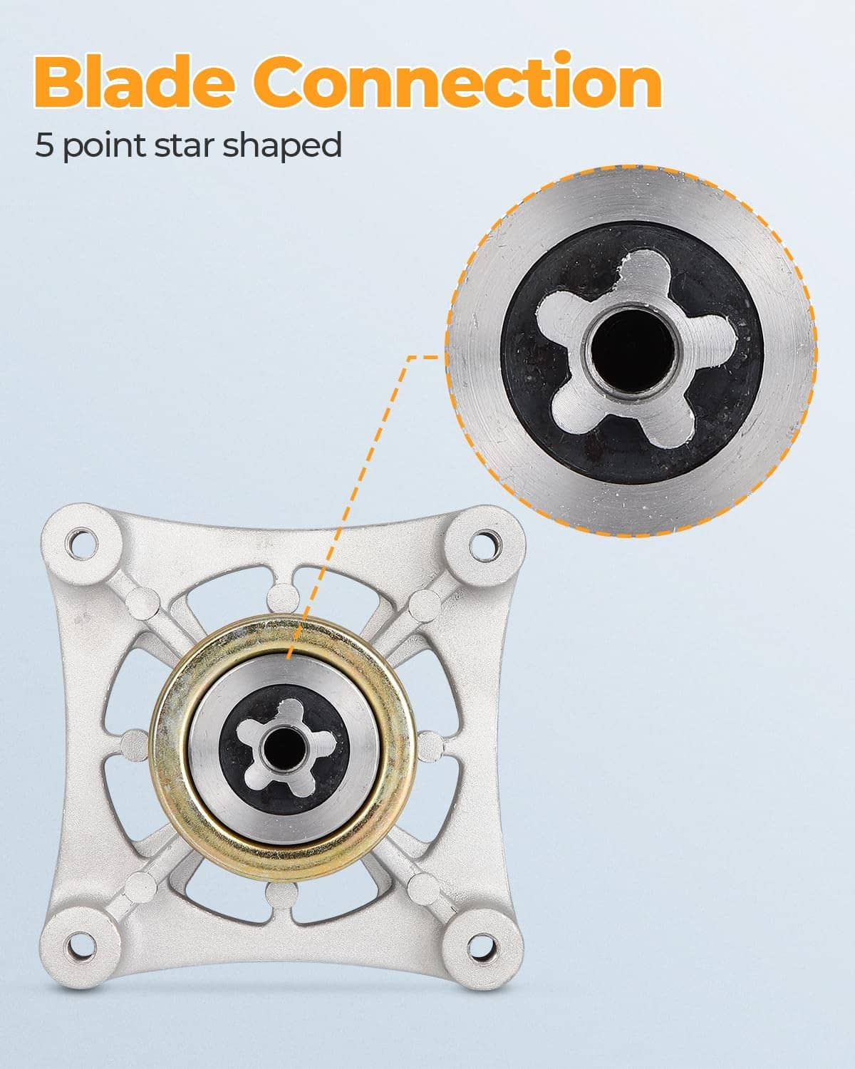 Blade spindle coupler insert with 5-point star drive and round center opening.