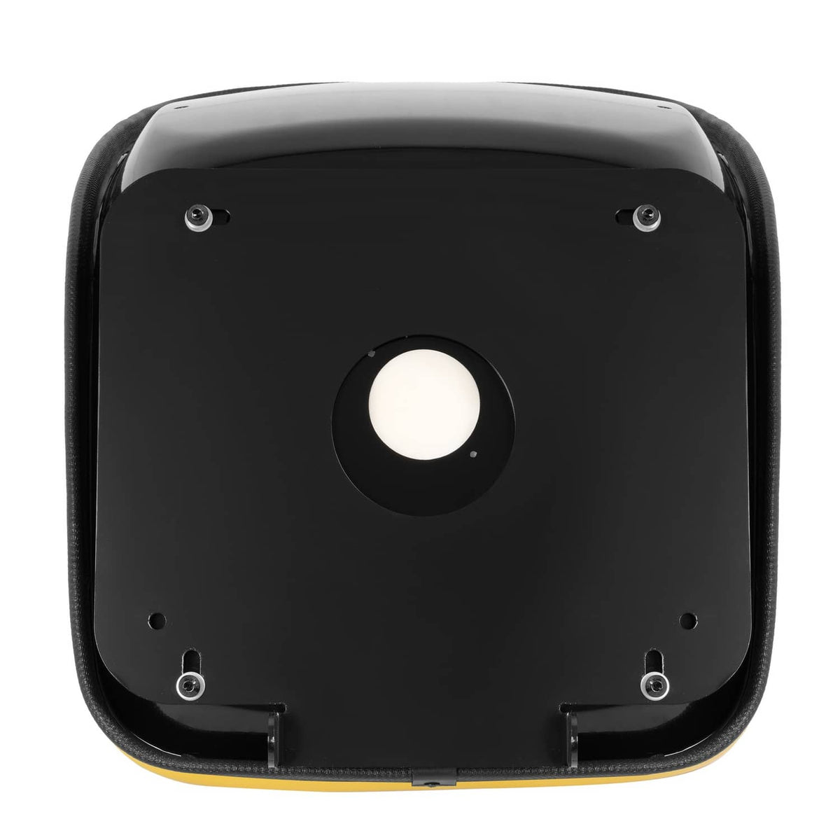 Black tractor seat base panel with central circular hole and screw posts