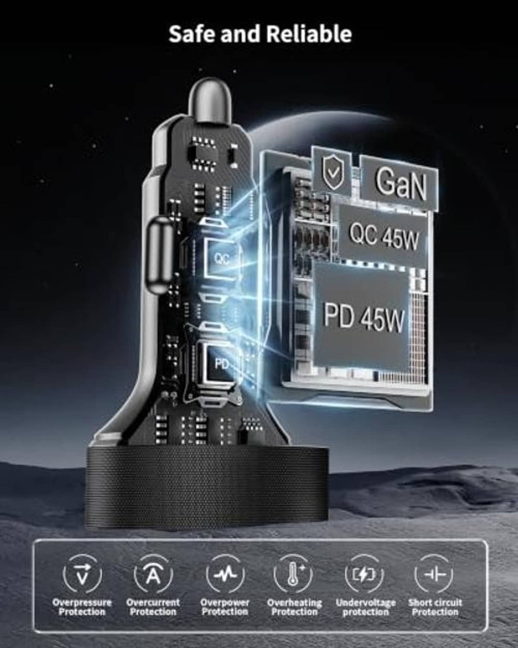 Black car charger with four ports and built-in safety protection features diagram
