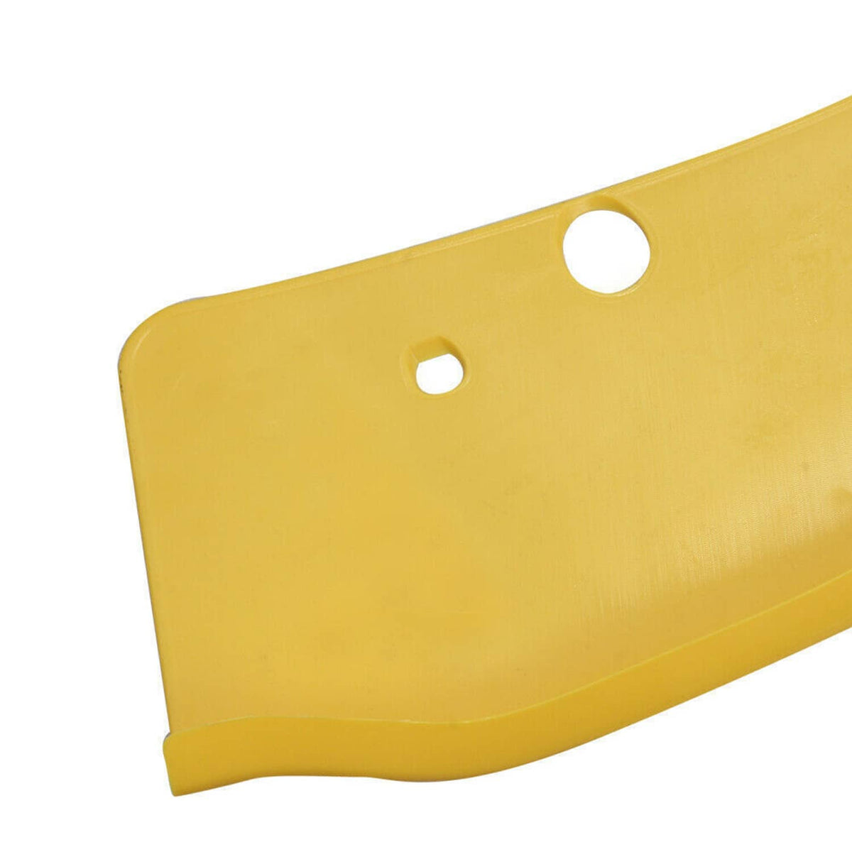 Yellow front bumper lip splitter trim cover close-up with rounded mounting holes