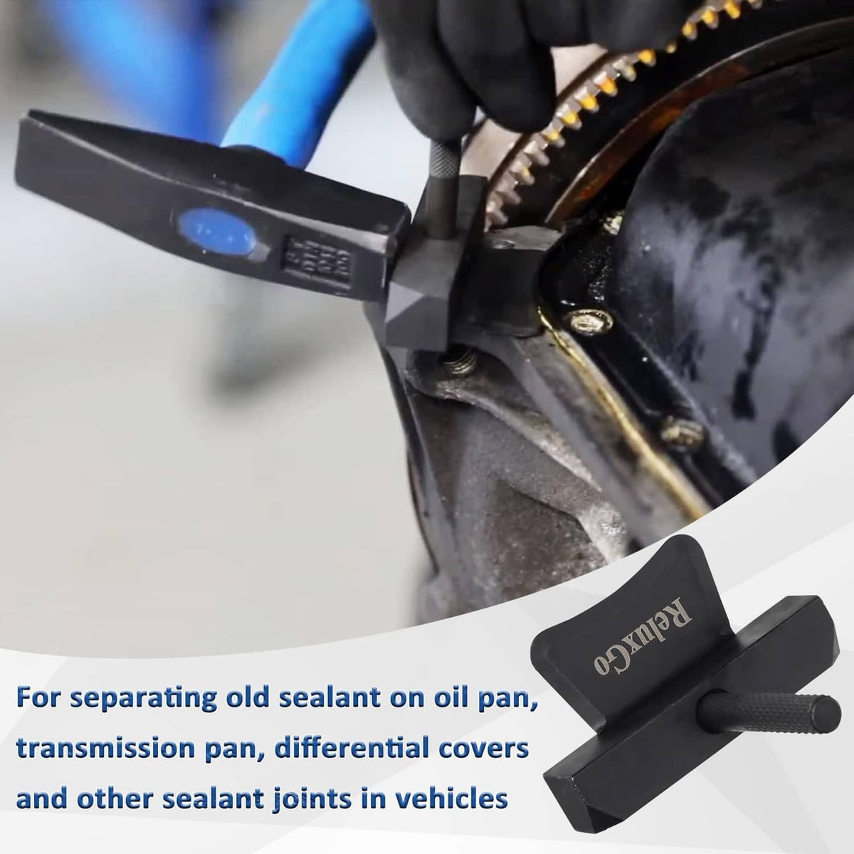 Black separator tool head with textured handle, applied at an oil pan joint