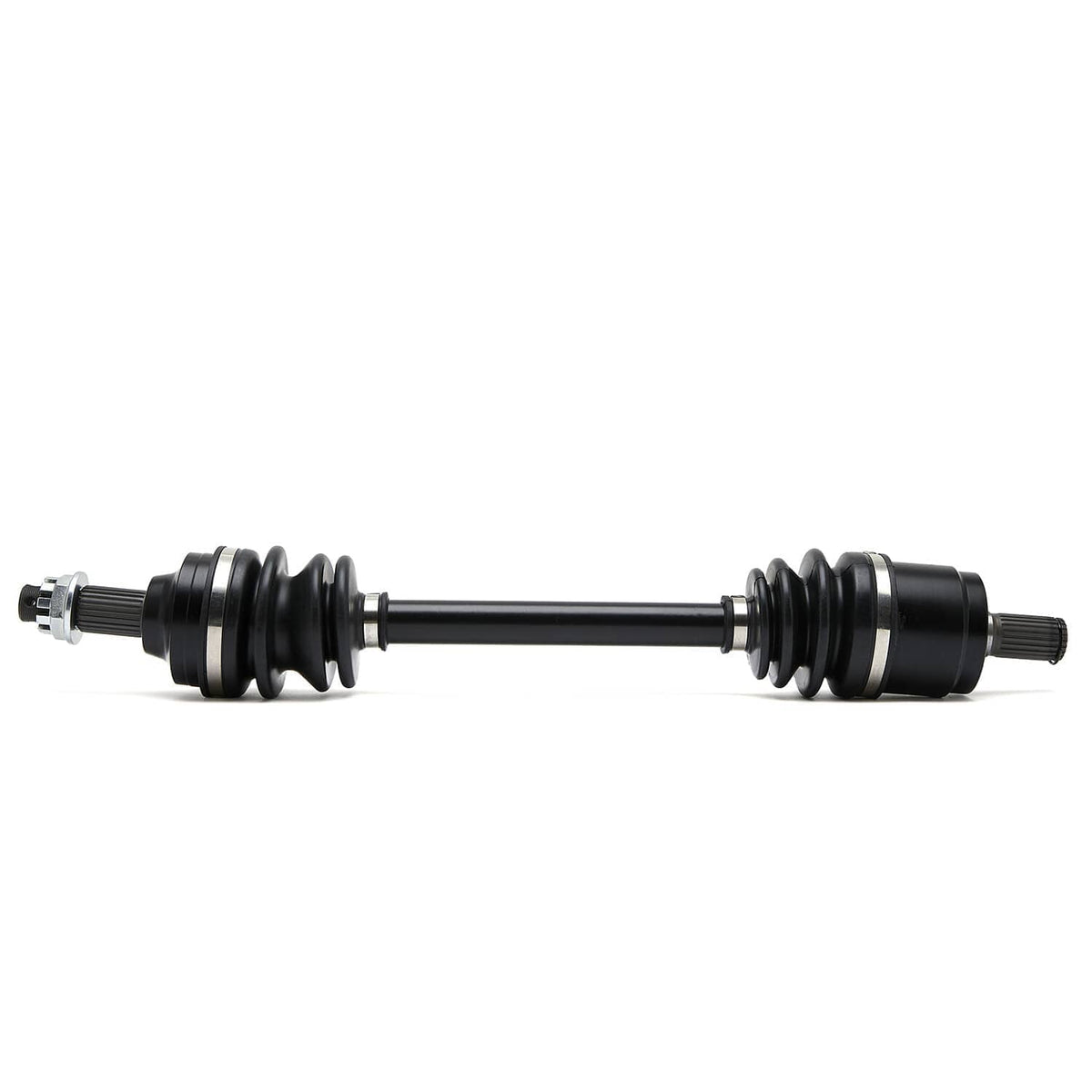 CV axle drive shaft with black boots, full-length rod, and metal splined ends
