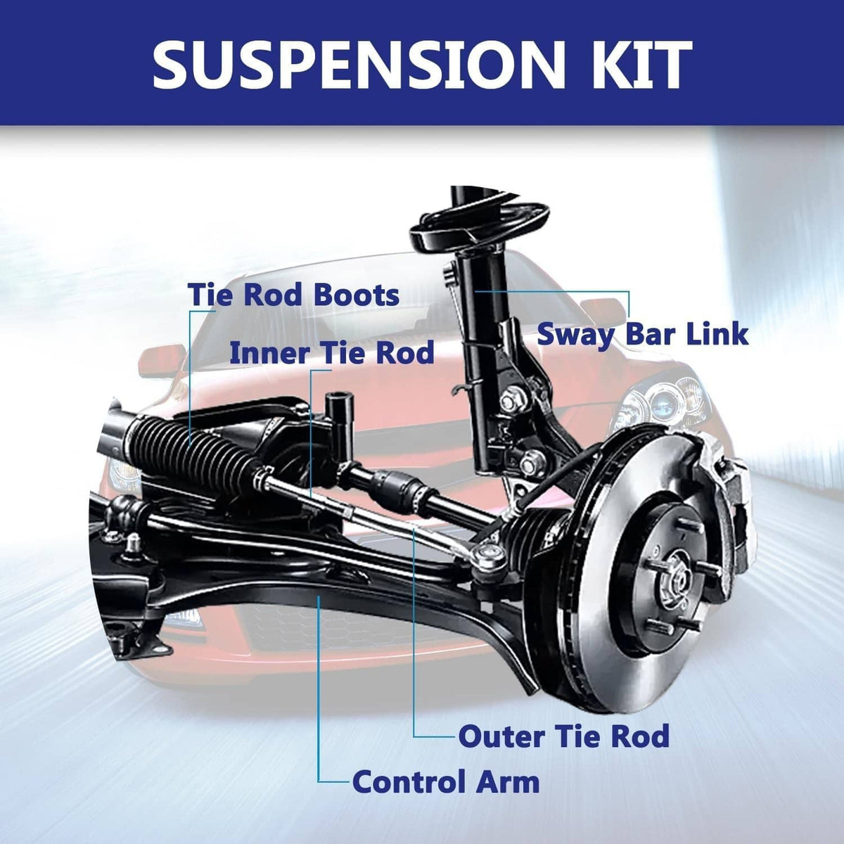 Front suspension kit components diagram: control arm, tie rod ends, sway bar link