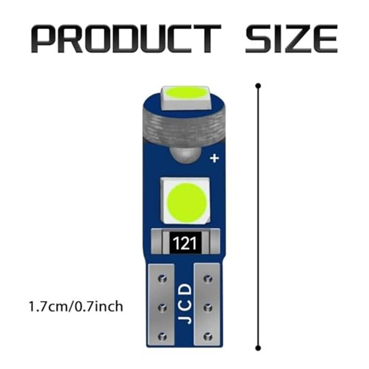 Blue and gray LED T10-style bulb with size marking, about 1.7 cm tall