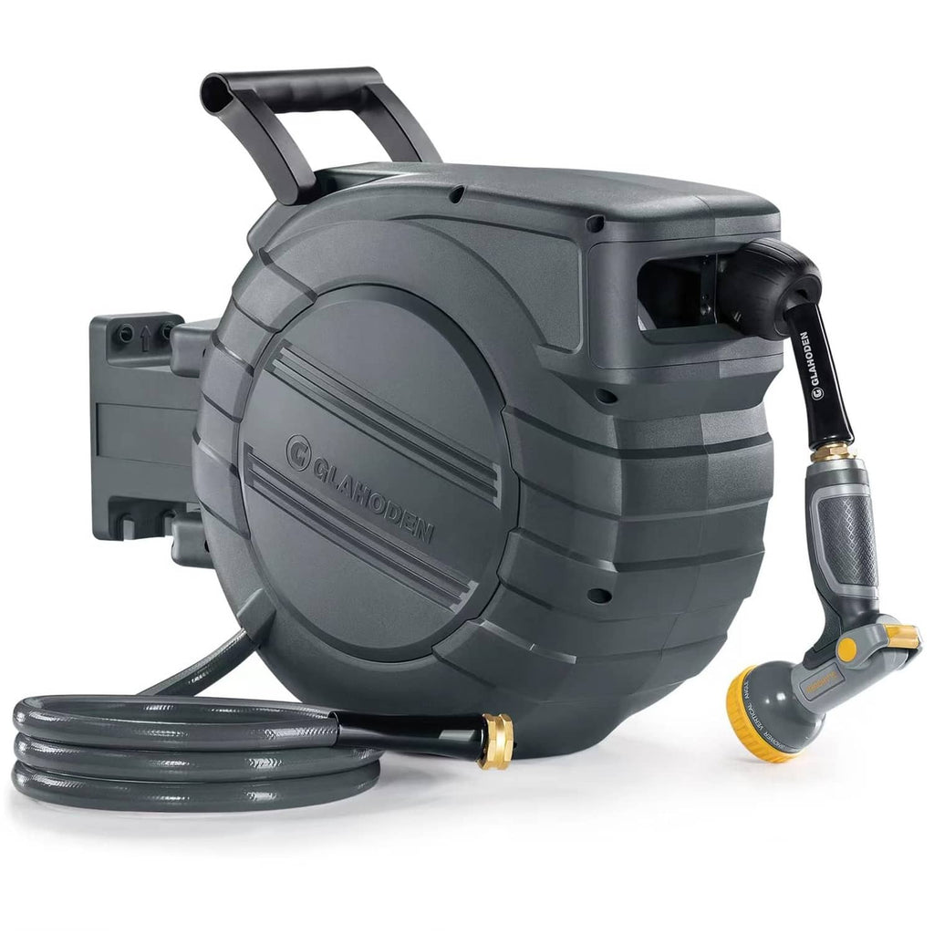 Dark gray retractable garden hose reel with coiled hose and brass nozzle