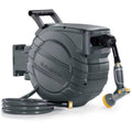 Dark gray retractable garden hose reel with coiled hose and brass nozzle