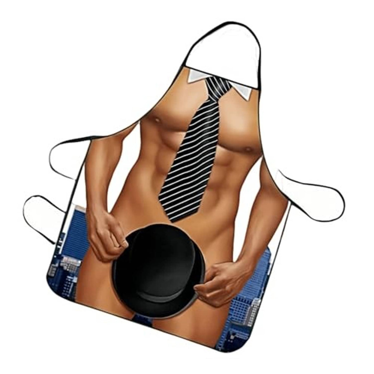 Muscle man novelty BBQ apron with striped tie, black hat pocket, and hanging waist ties