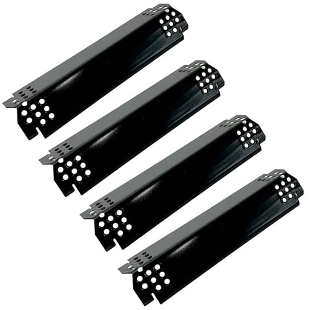 Four black grill heat plates, rectangular with perforated ends and circular burner holes