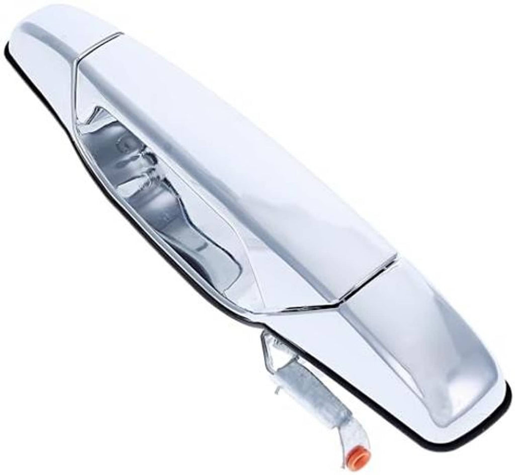 Chrome exterior door handle with visible inner latch and small orange release tab