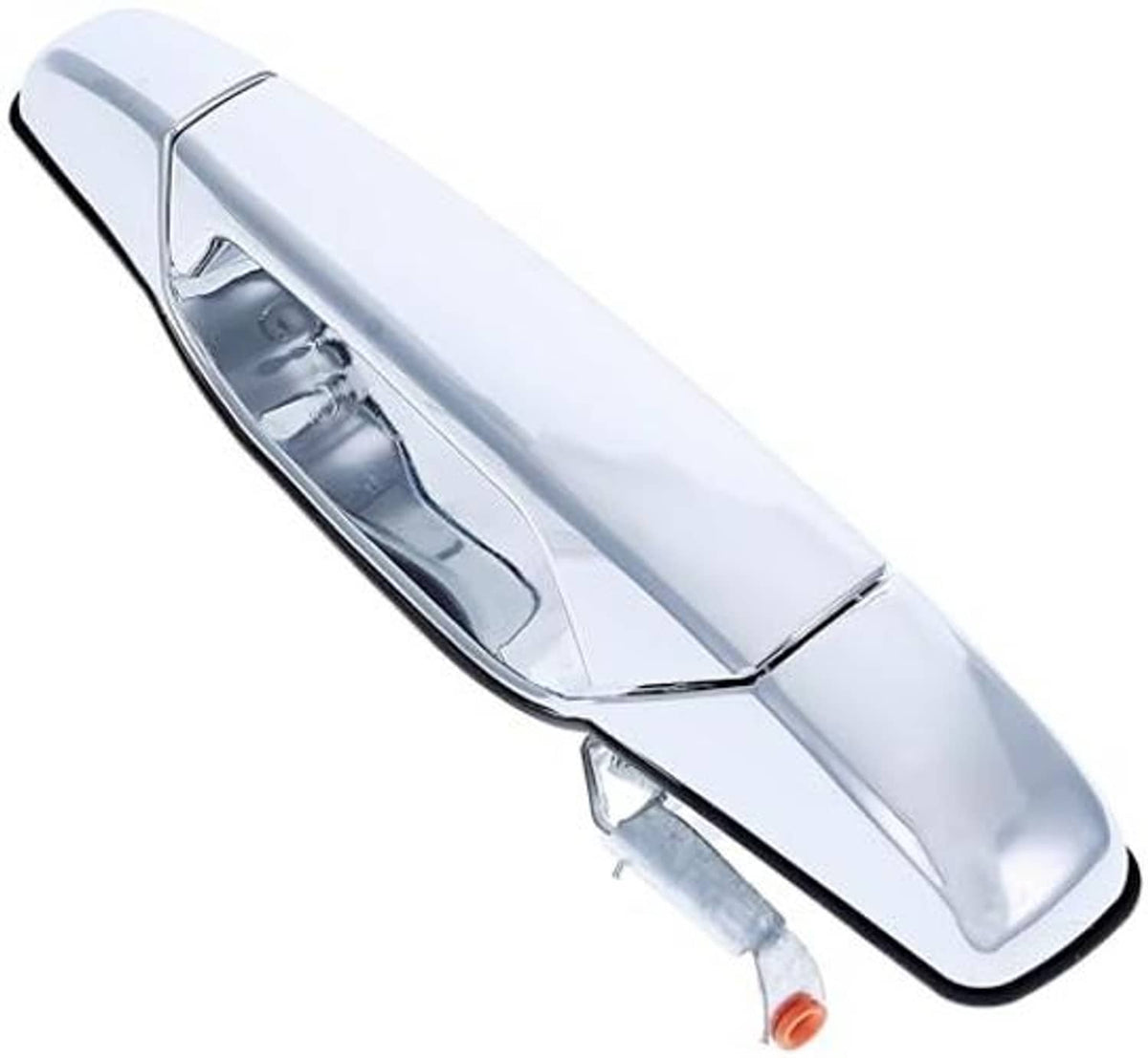 Chrome exterior door handle with visible inner latch and small orange release tab