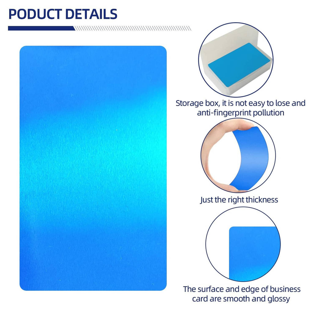 Blue glossy metal business card with smooth, even edges detail.