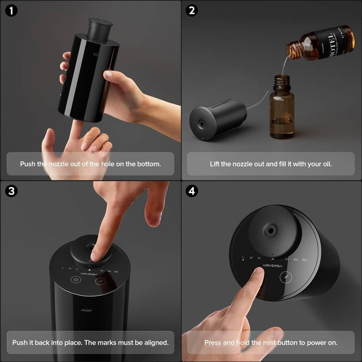 Black waterless diffuser with refill nozzle open and essential oil bottle