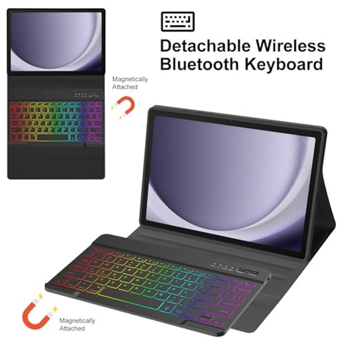Black detachable wireless keyboard tablet case with stand and backlit keys