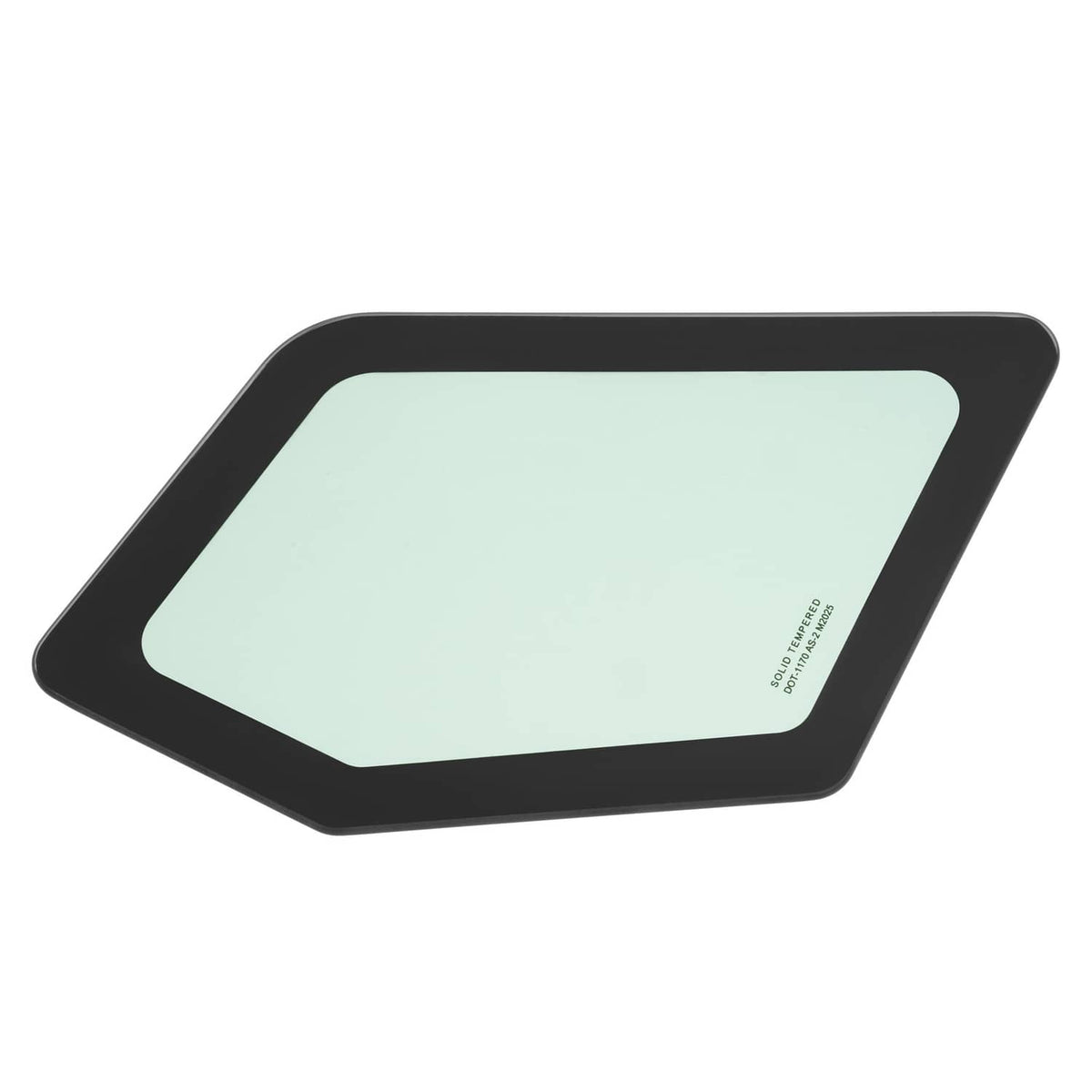 Cab glass window with black frame and light green tinted panel, corner view