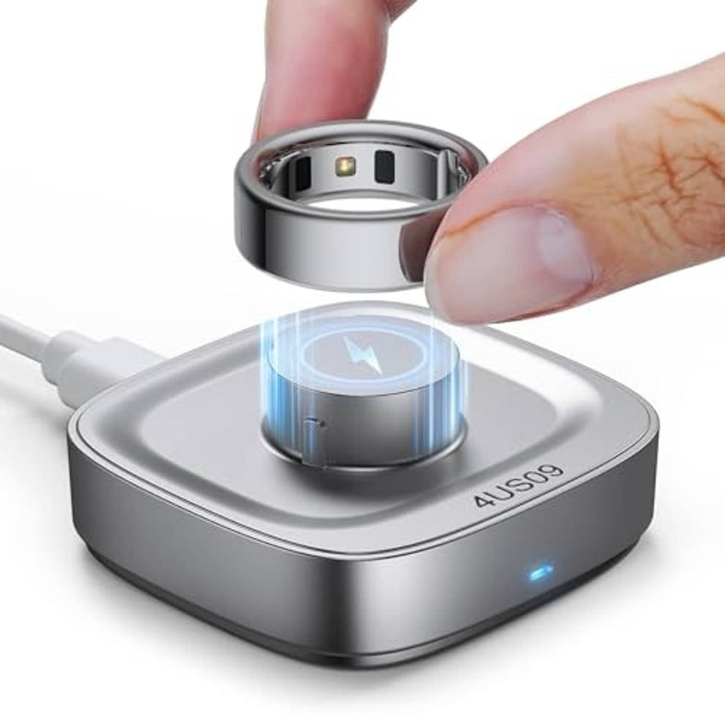 Ring charging dock with open cradle, light silver finish and blue status light
