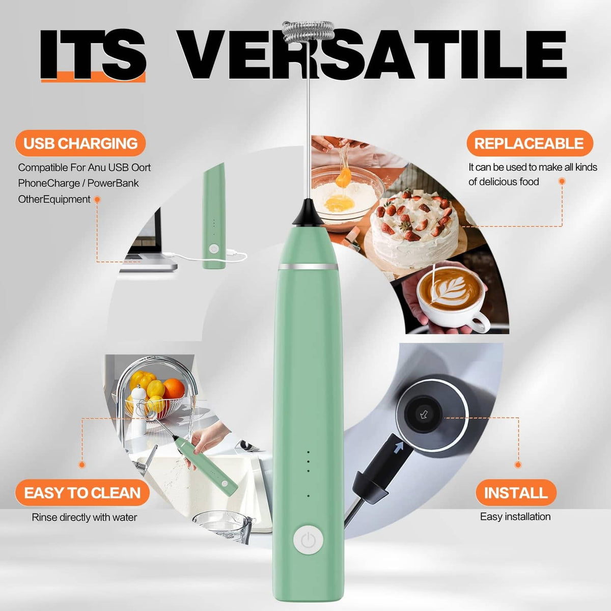 Green rechargeable milk frother whisk with USB charging port and spare heads