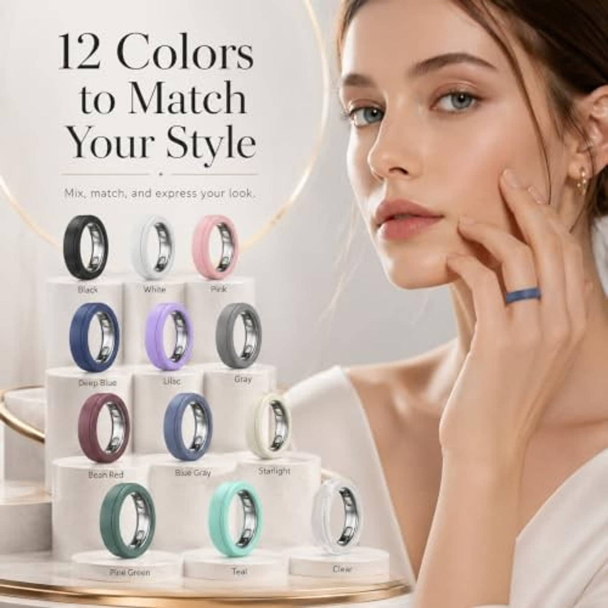 Assorted ring covers in multiple colors with model wearing a dark band