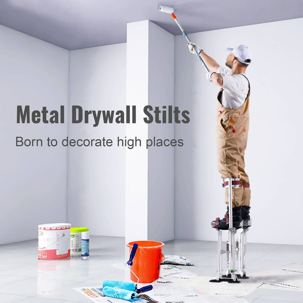Adjustable drywall stilts for painting and taping, worn setup with silver frames