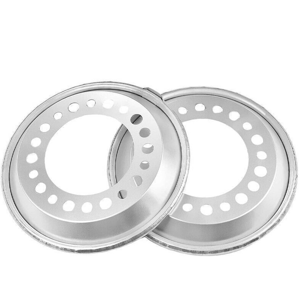 Pair of silver steel wheel balancers, side-by-side with central cutouts